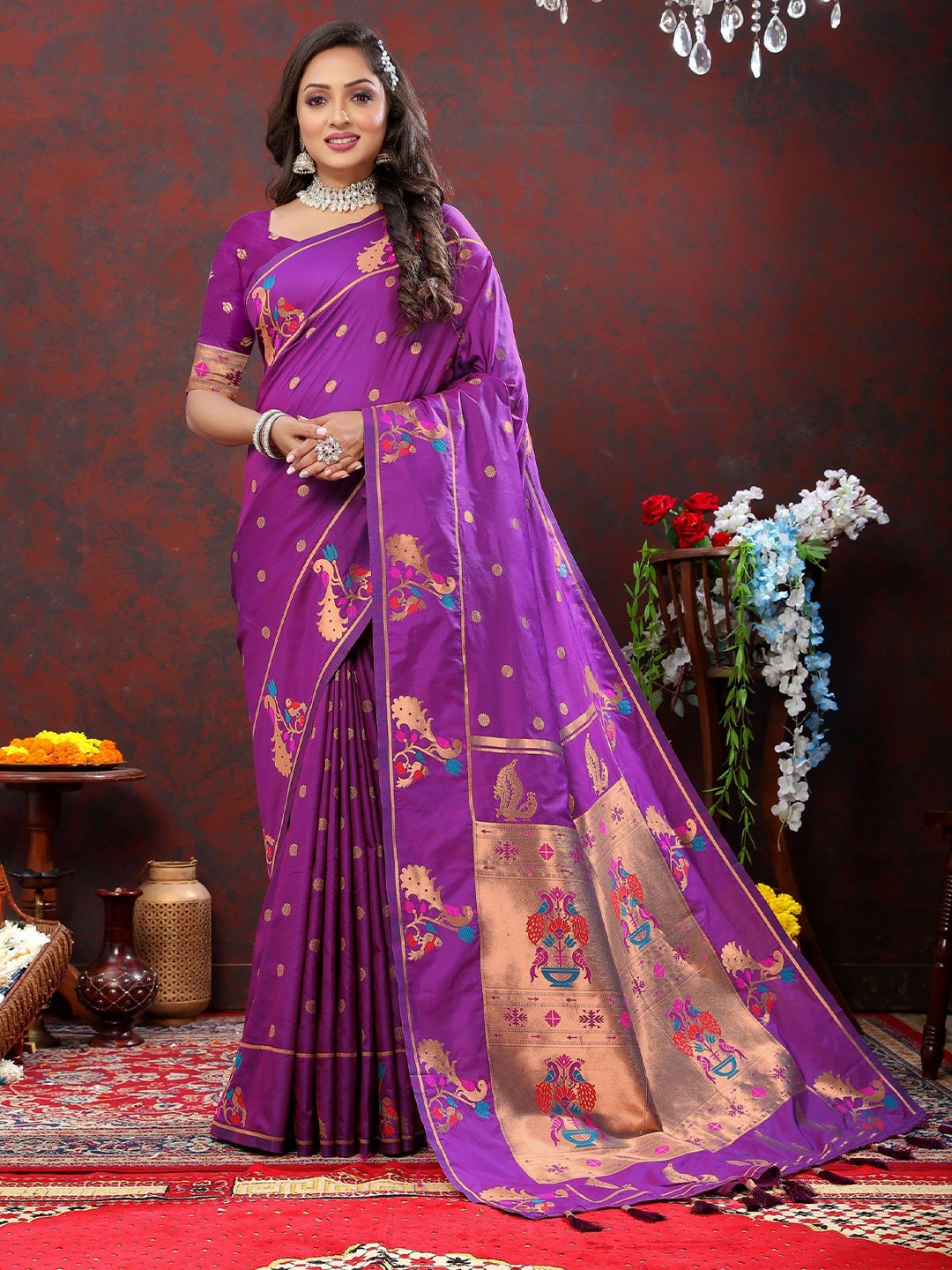 

DIVASTRI Ethnic Motifs Woven Design Zari Pure Silk Paithani Saree, Purple