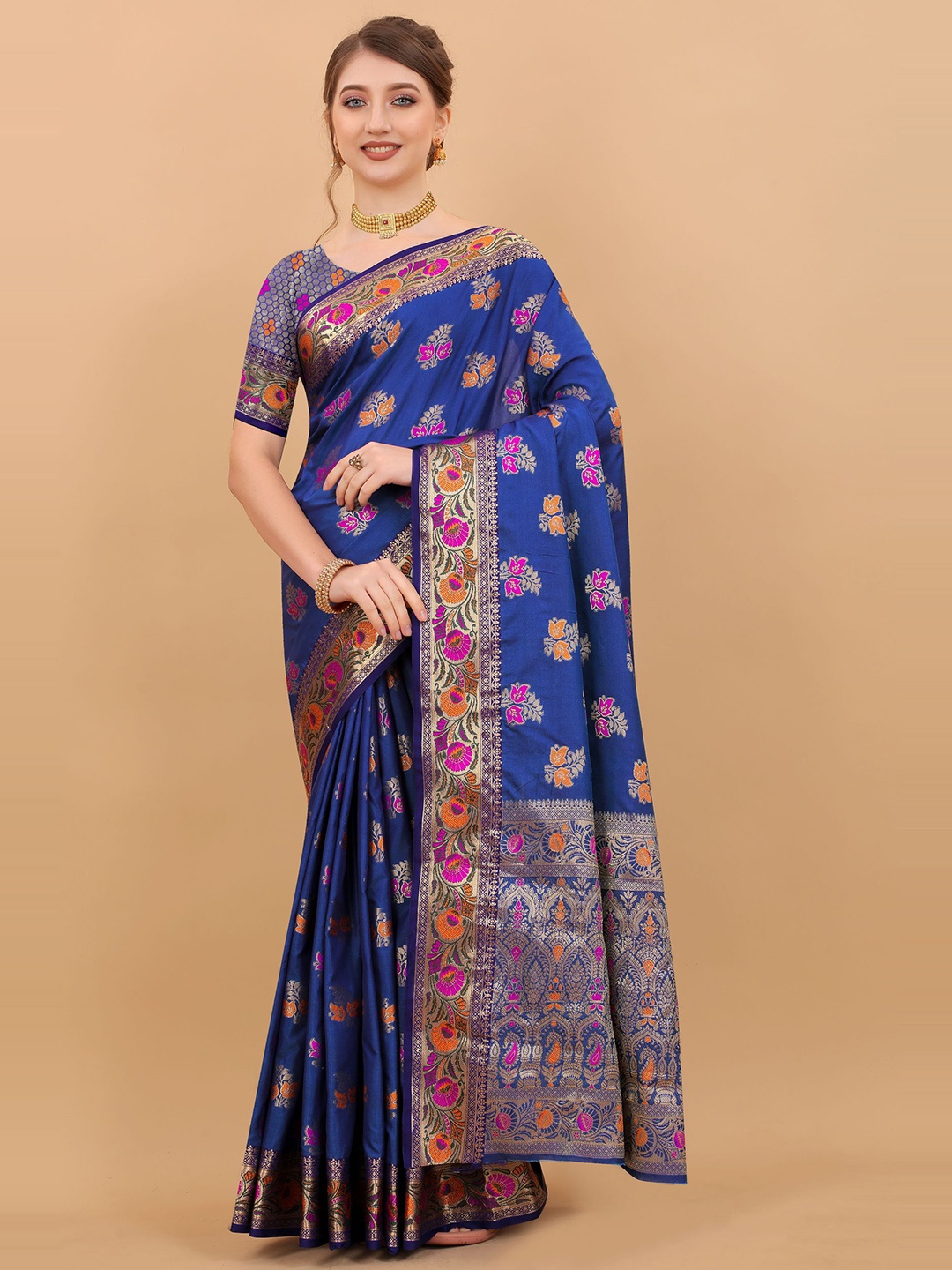 

DIVASTRI Ethnic Woven Design Zari Pure Silk Banarasi Saree, Navy blue