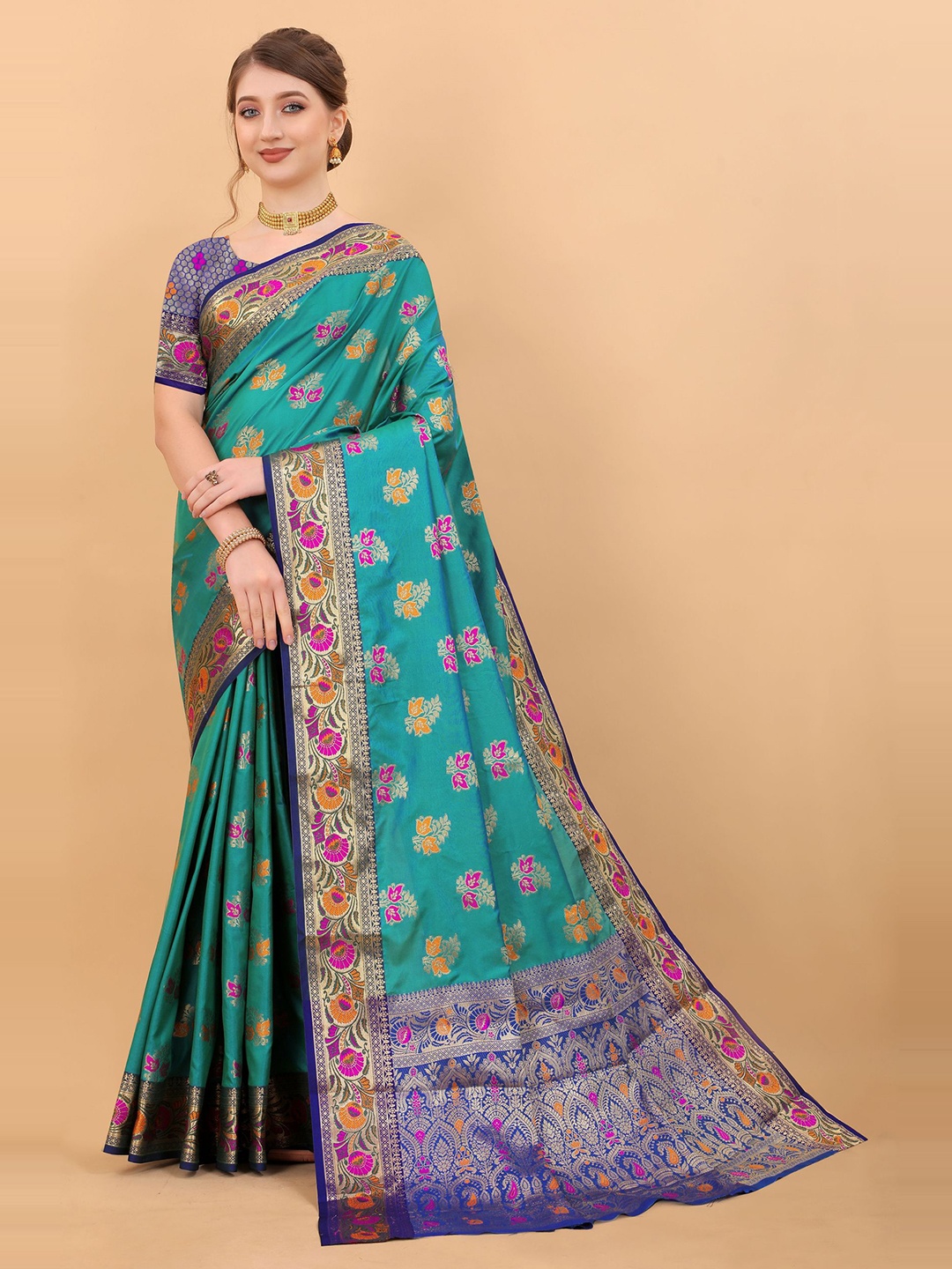 

DIVASTRI Floral Woven Design Zari Pure Silk Banarasi Saree, Blue