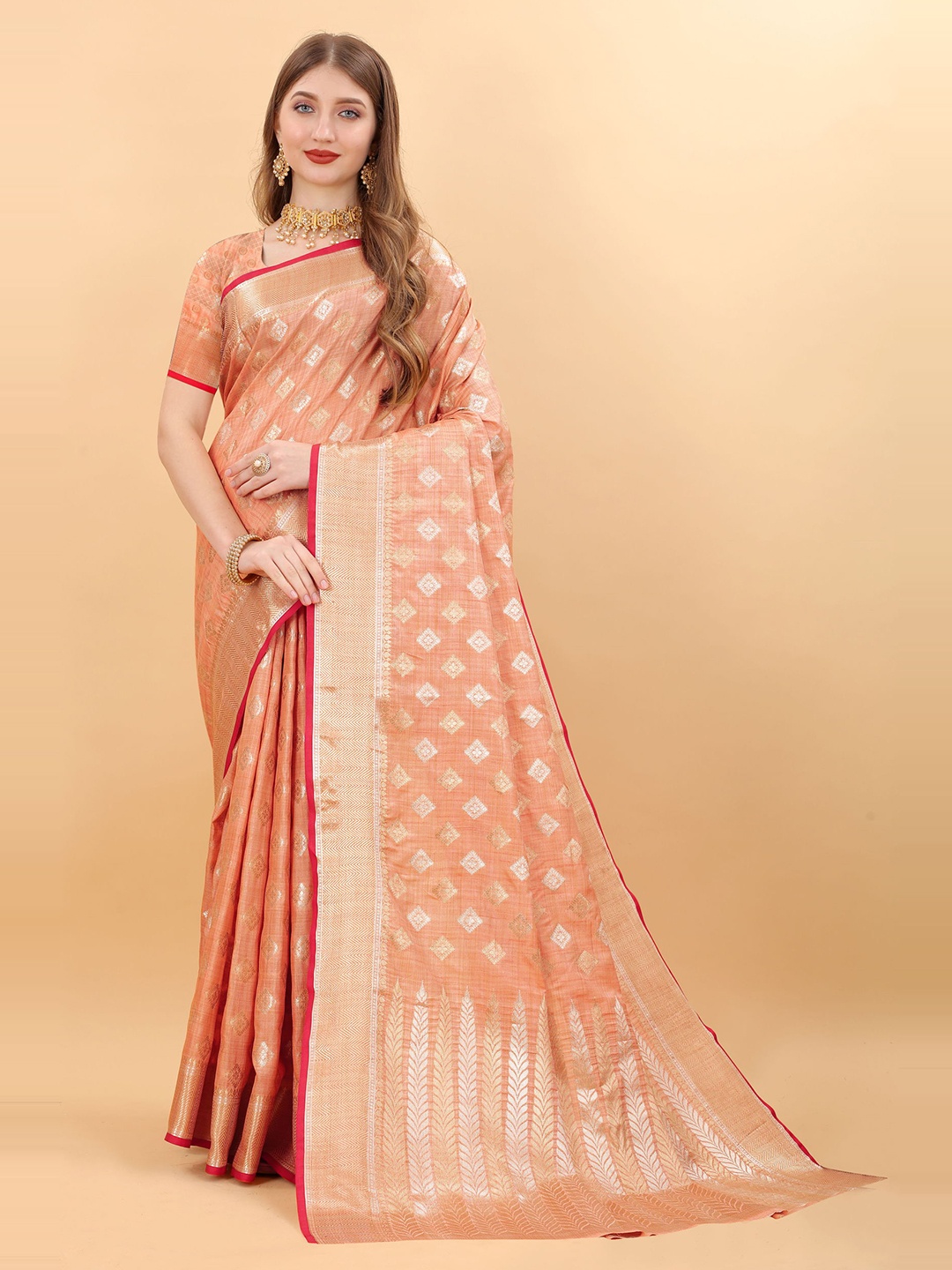 

DIVASTRI Ethnic Motifs Woven Design Zari Pure Silk Banarasi Saree, Peach