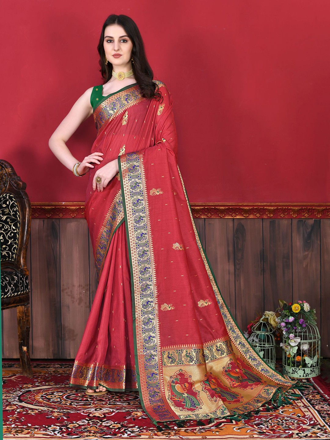 

DIVASTRI Ethnic Woven Design Zari Pure Silk Paithani Saree, Red