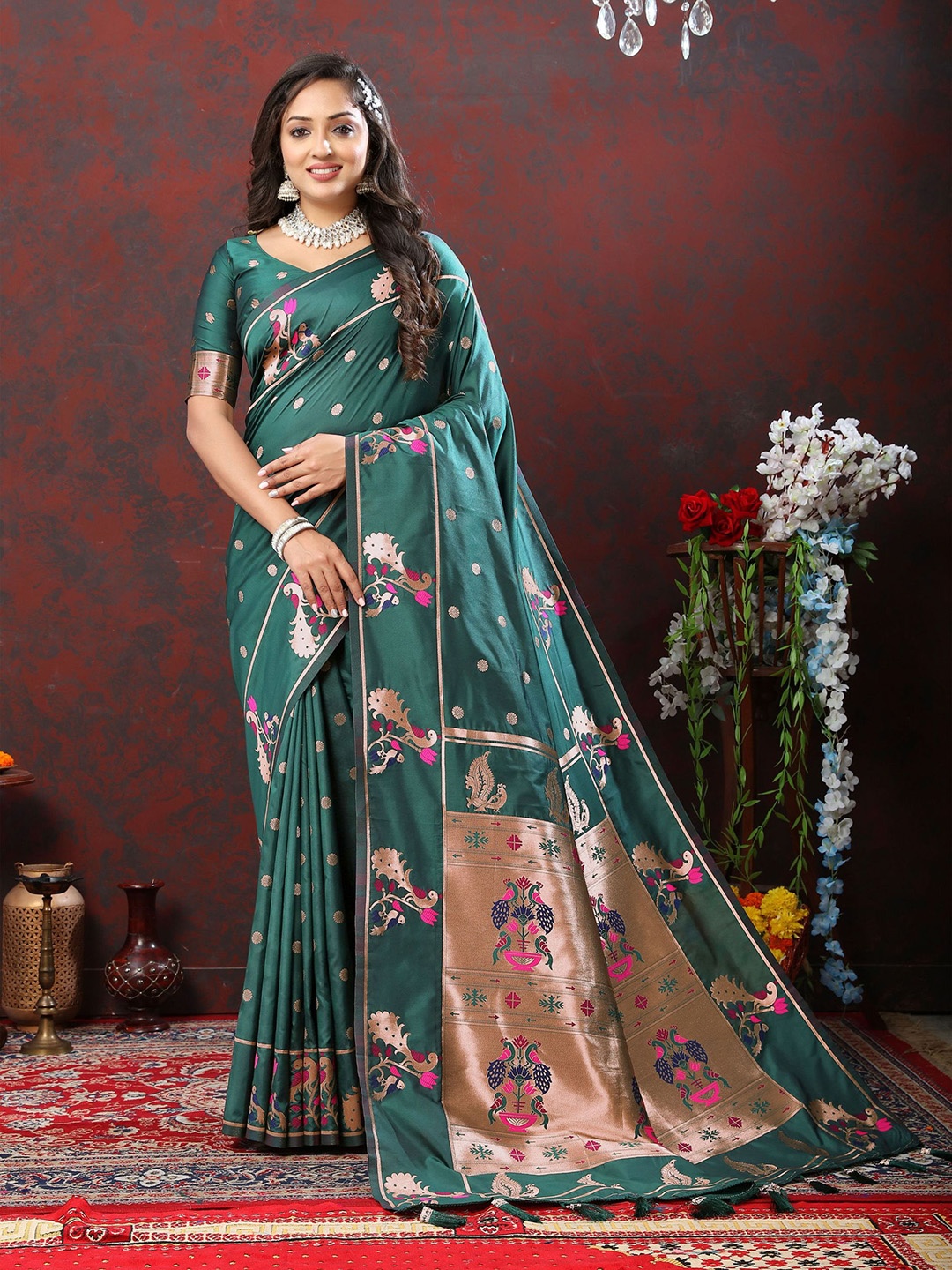 

DIVASTRI Ethnic Woven Design Zari Pure Silk Paithani Saree, Teal