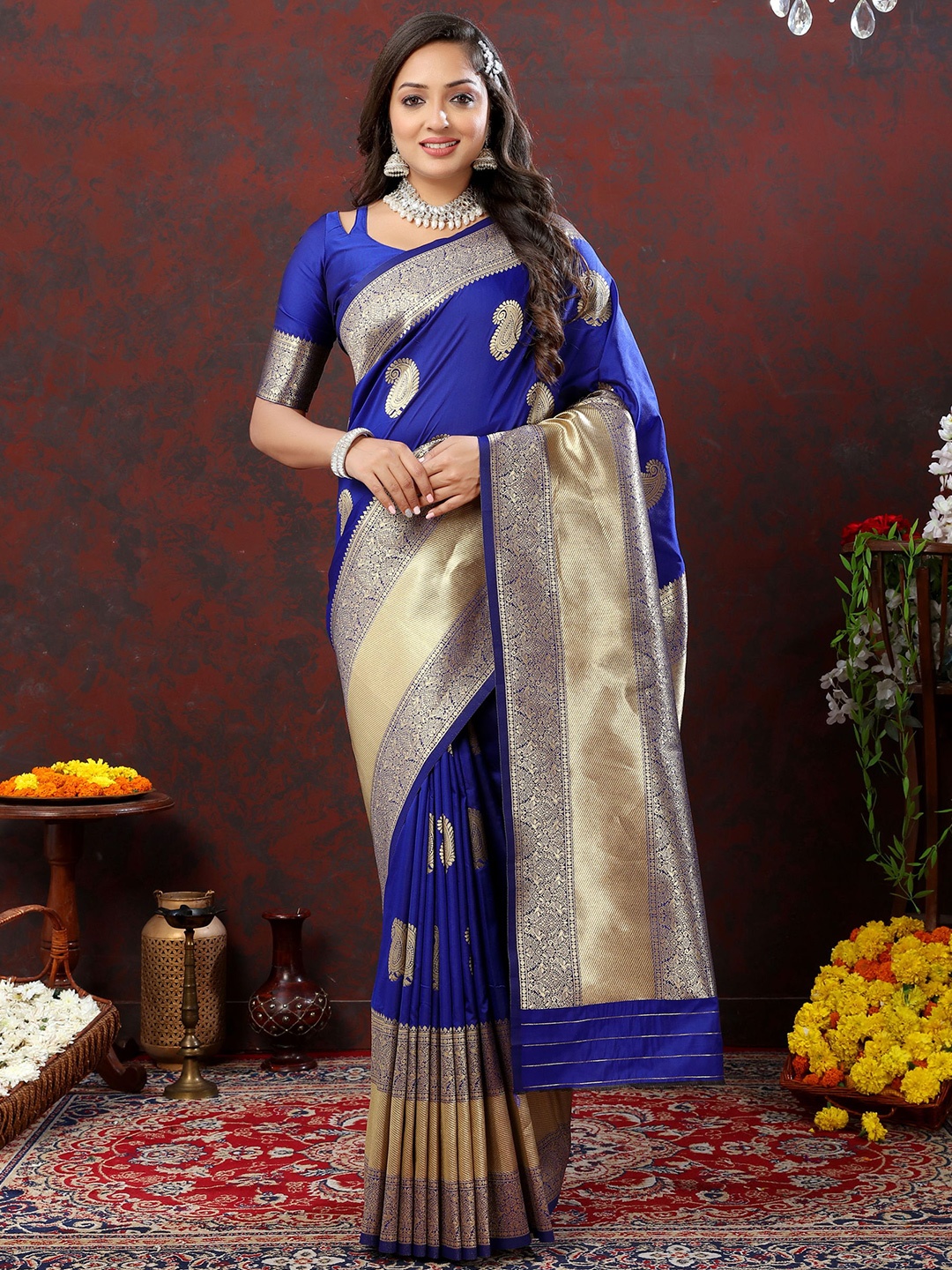 

DIVASTRI Ethnic Motifs Woven Design Zari Pure Silk Banarasi Saree, Blue