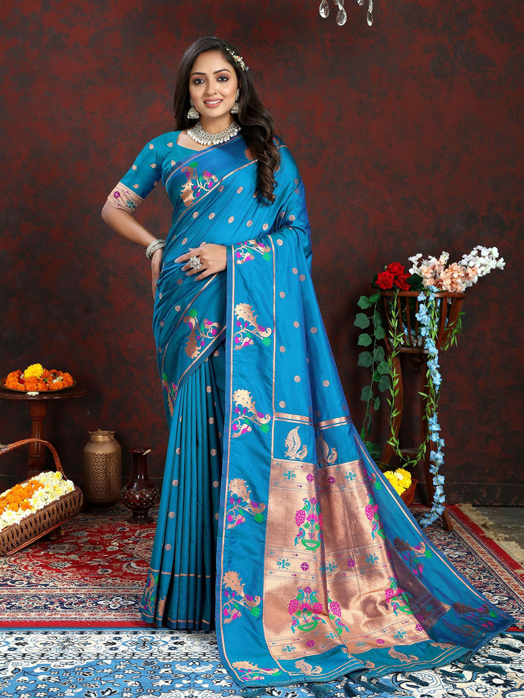 

DIVASTRI Ethnic Motifs Woven Design Zari Pure Silk Paithani Saree, Blue