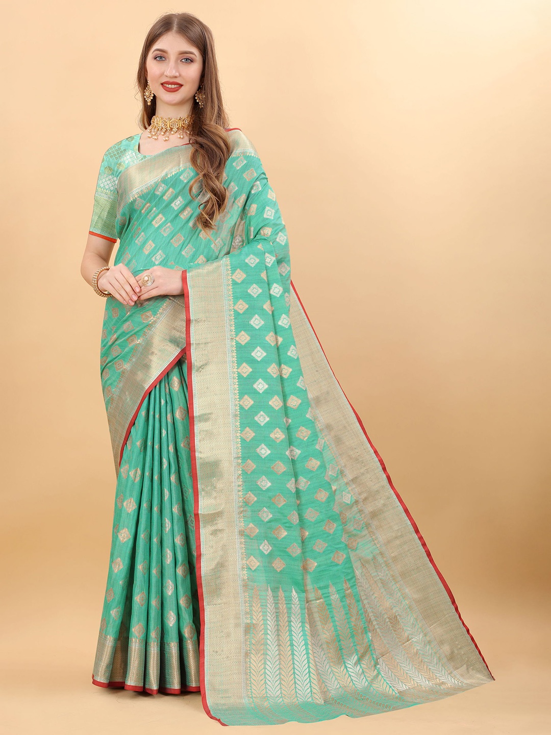 

DIVASTRI Geometric Woven Design Zari Pure Silk Banarasi Saree, Turquoise blue