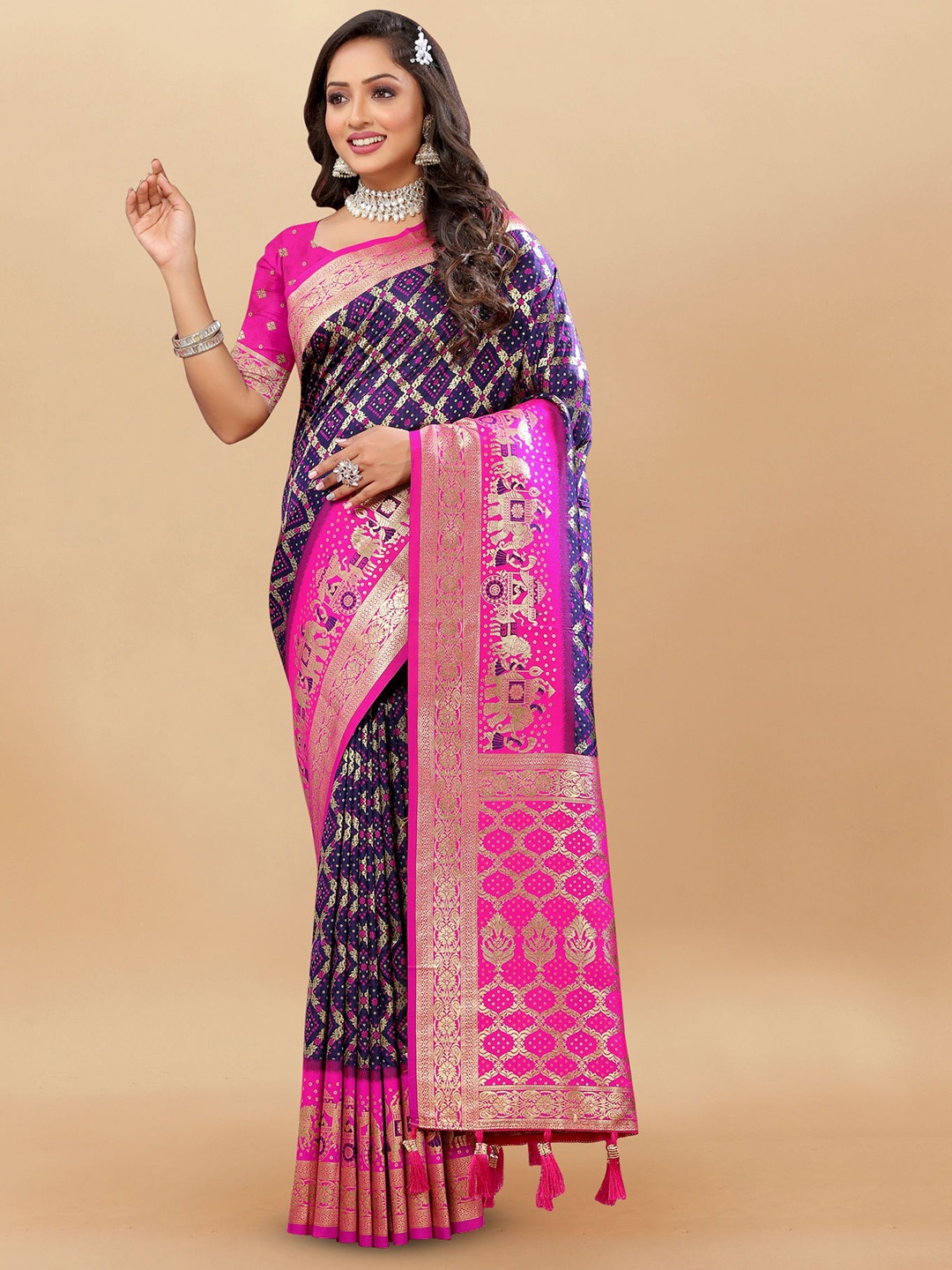 

DIVASTRI Woven Design Zari Pure Silk Patola Saree, Navy blue