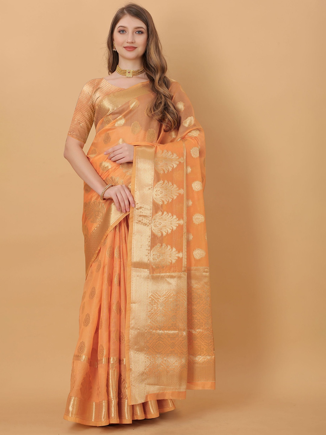 

DIVASTRI Ethnic Motifs Woven Design Zari Jamdani Saree, Orange