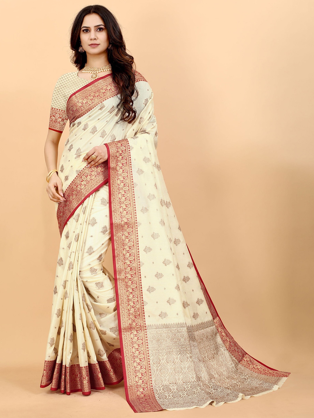 

DIVASTRI Ethnic Motifs Zari Pure Silk Banarasi Saree, Cream