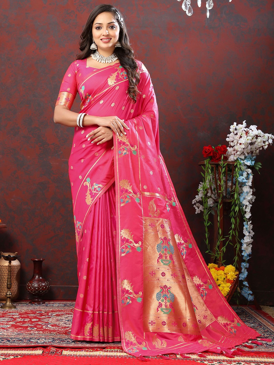 

DIVASTRI Ethnic Motifs Woven Design Zari Pure Silk Paithani Saree, Pink