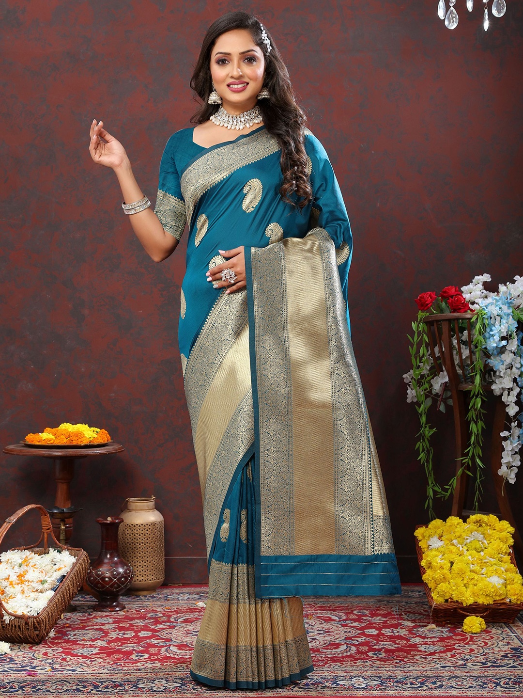 

DIVASTRI Ethnic Motifs Woven Design Zari Pure Silk Banarasi Saree, Blue