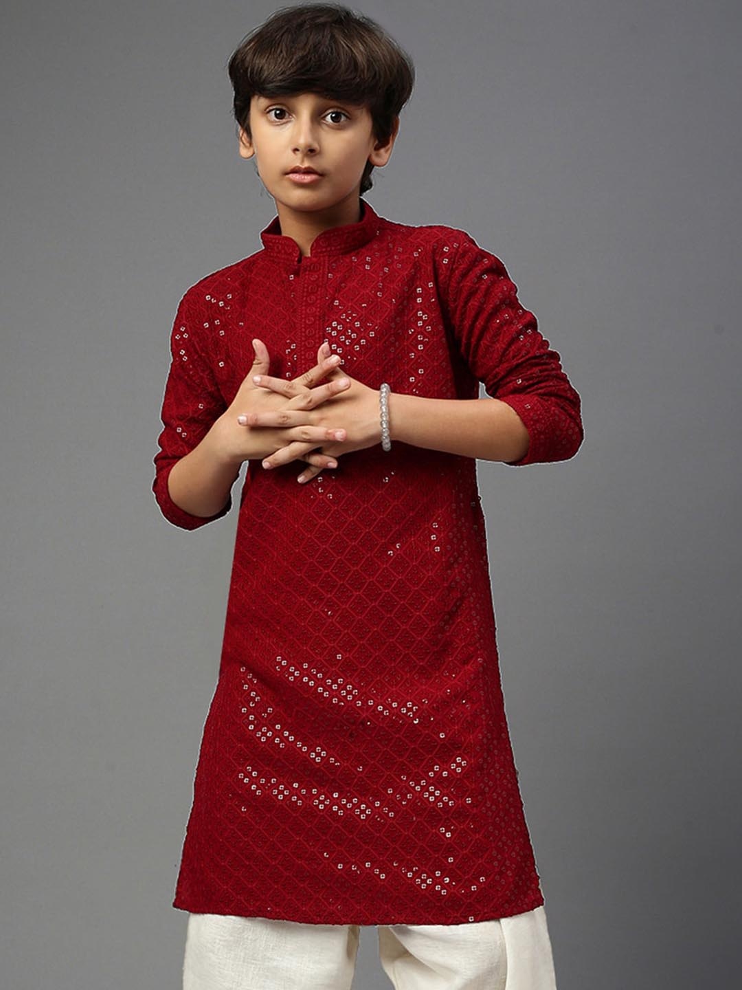 

YK Boys Ethnic Motif Chikankari Embroidered Sequined Straight Kurta, Maroon