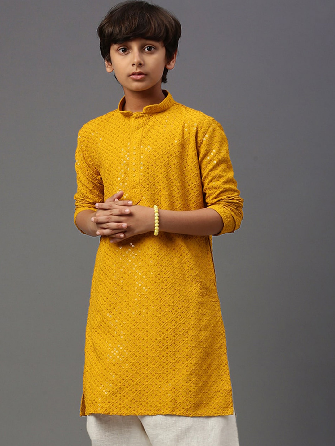 

YK Boys Ethnic Motif Chikankari Embroidered Sequined Straight Kurta, Yellow