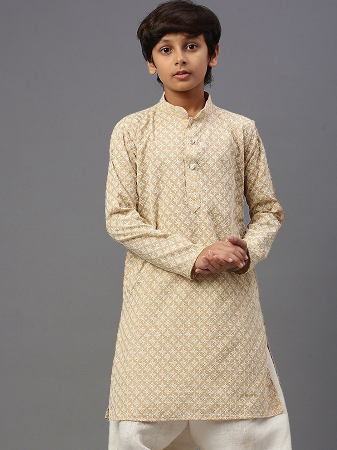 

YK Boys Ethnic Motifs Embroidered Chikankari Cotton Kurta, Beige