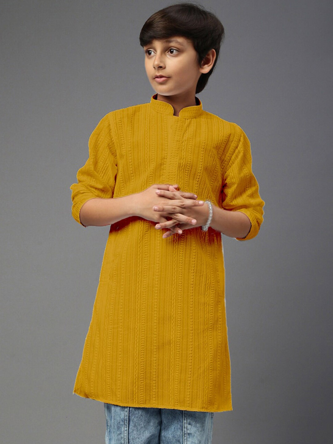 

YK Boys Ethnic Motifs Embroidered Chikankari Cotton Kurta, Yellow