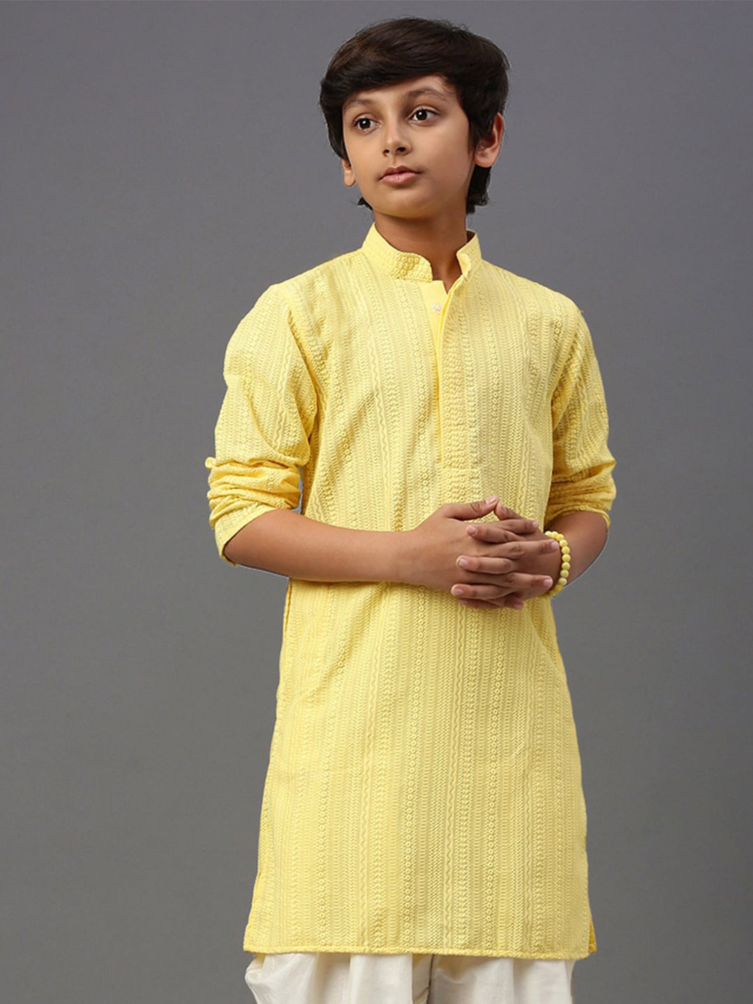 

YK Boys Ethnic Motif Chikankari Embroidered Straight Kurta, Yellow