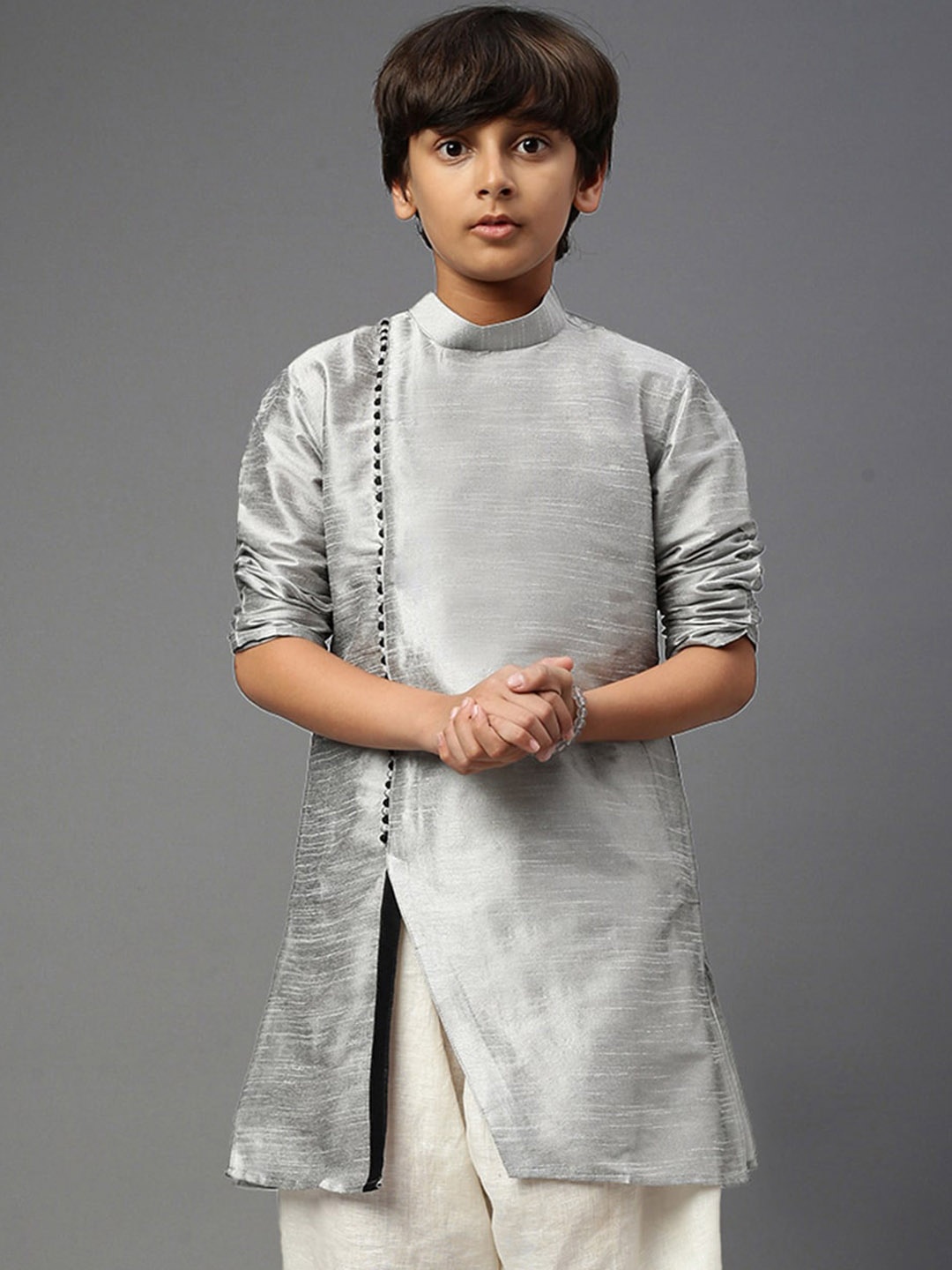 

YK Boys Band Collar Angrakha Straight Kurta, Grey