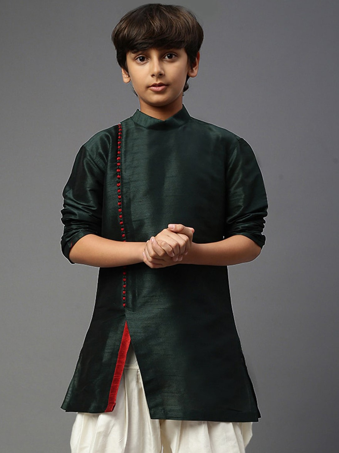 

YK Boys Band Collar Angrakha Straight Kurta, Green