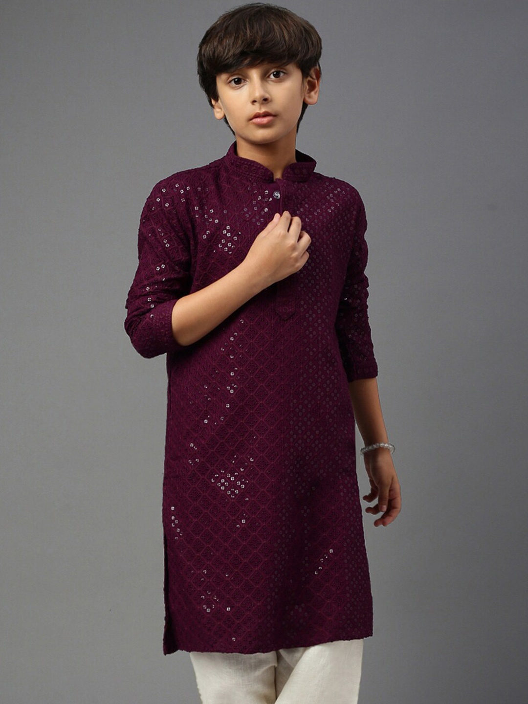 

YK Boys Ethnic Motifs Embroidered Chikankari Sequins Cotton Kurta, Purple