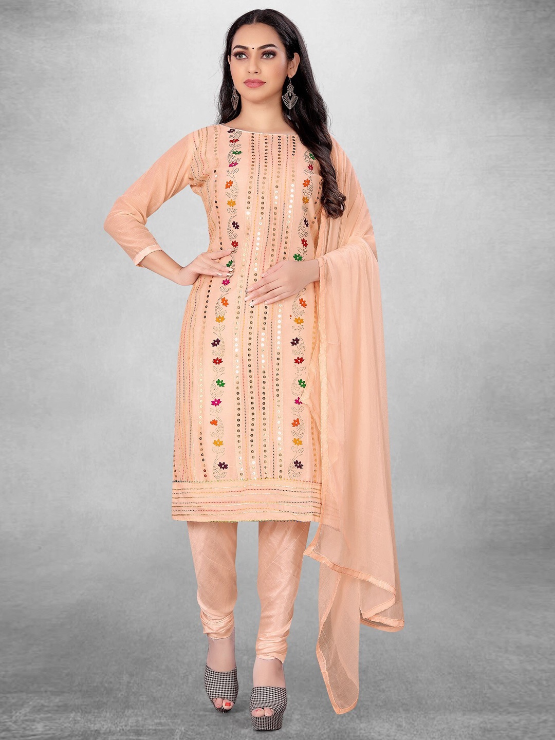 

LeeliPeeri Designer Ethnic Motifs Embroidered Unstitched Dress Material, Peach