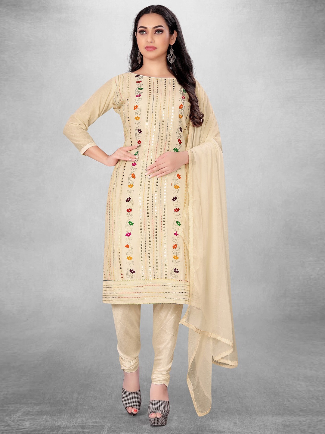 

LeeliPeeri Designer Ethnic Motifs Embroidered Unstitched Dress Material, Cream