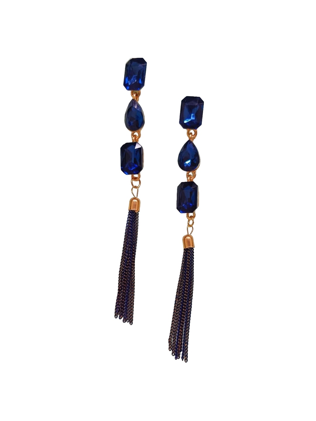 

FEMMIBELLA Gold-Plated Stone-Studded Tasselled Geometric Drop Earrings