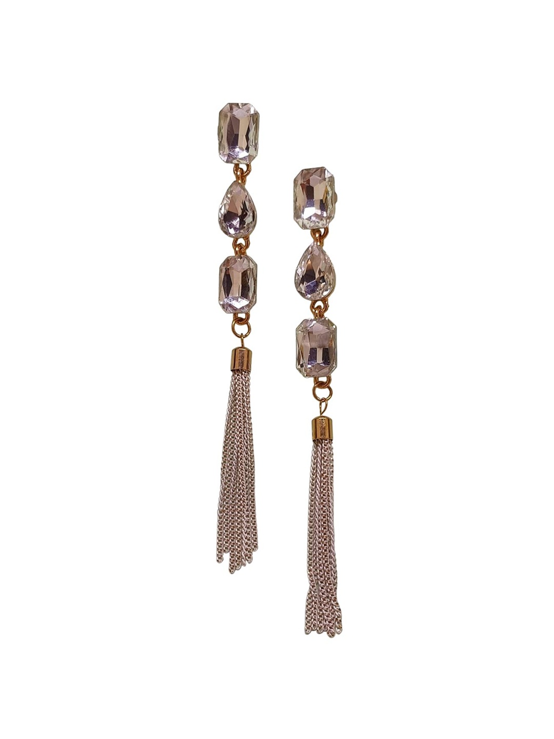 

FEMMIBELLA Gold-Plated Stone-Studded Tasselled Geometric Drop Earrings