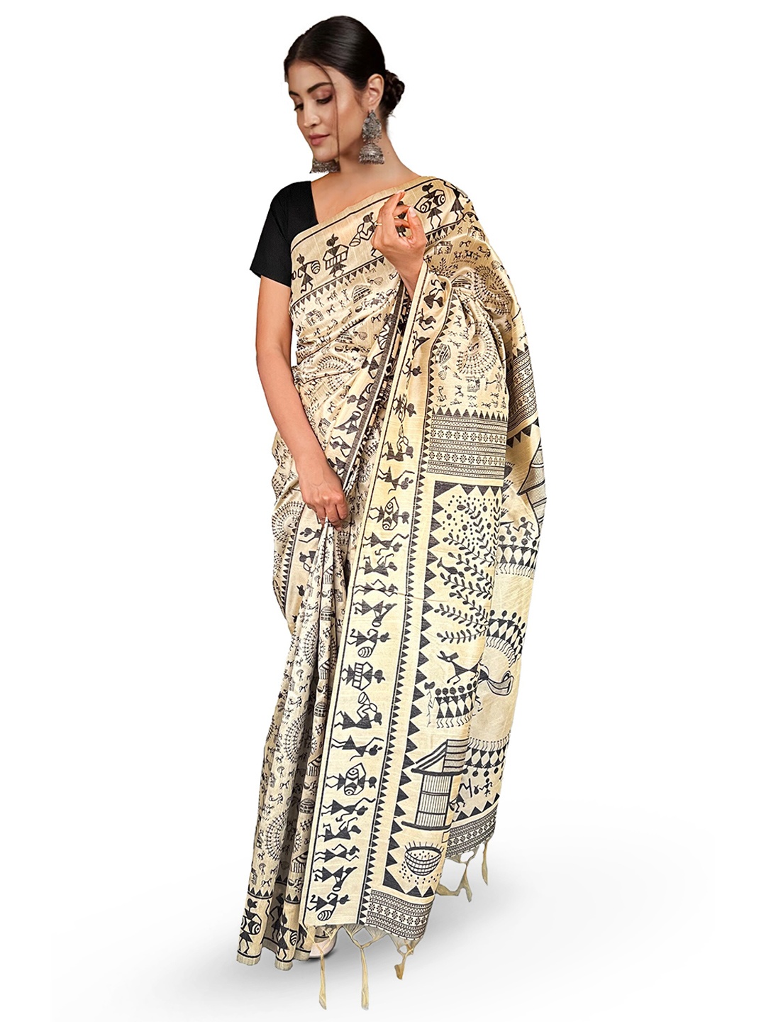 

NK Textiles Warli Silk Bhagalpuri Saree, Cream