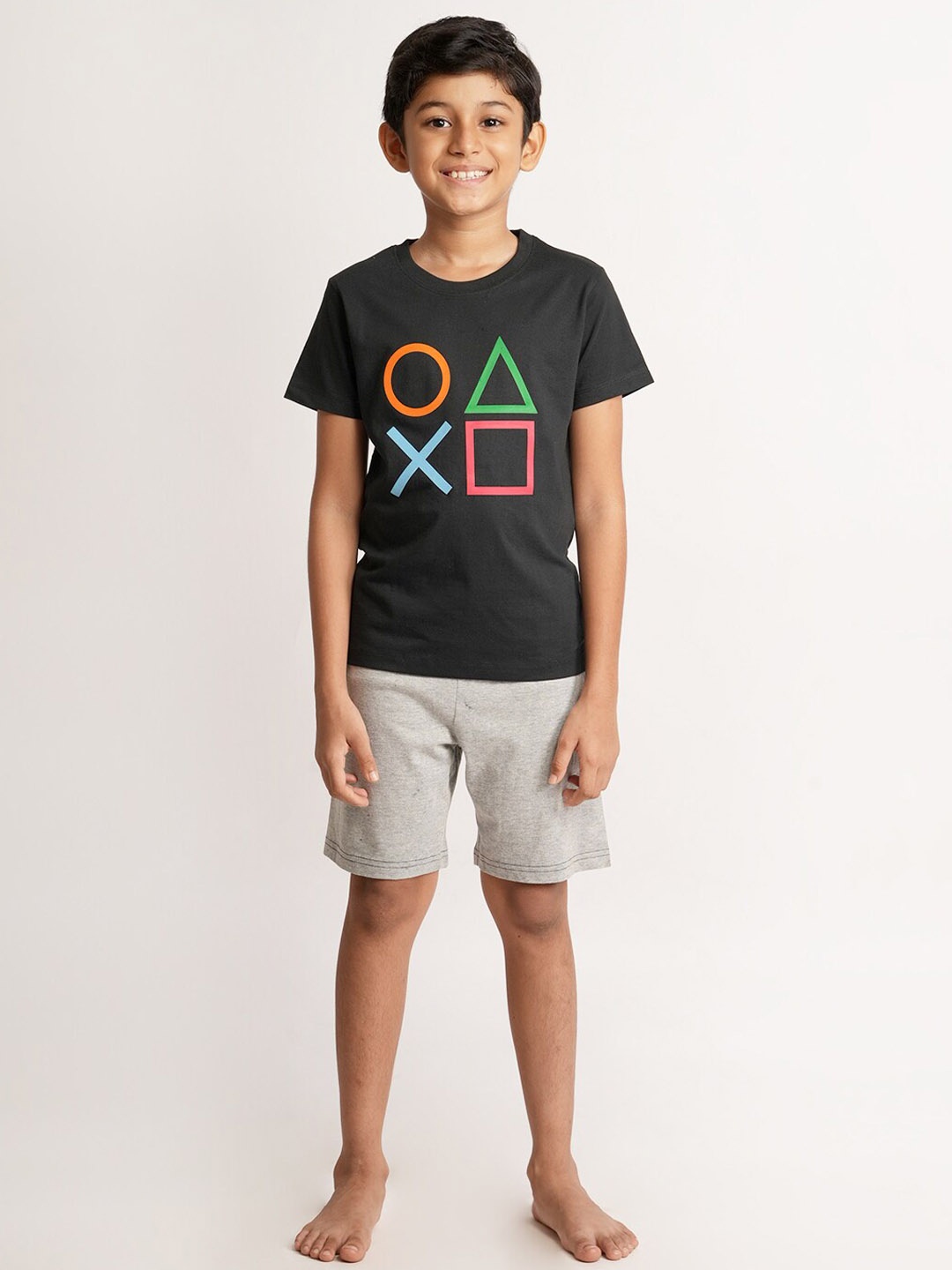 

mackly Boys Geometric Printed Pure Cotton T-shirt With Shorts, Black