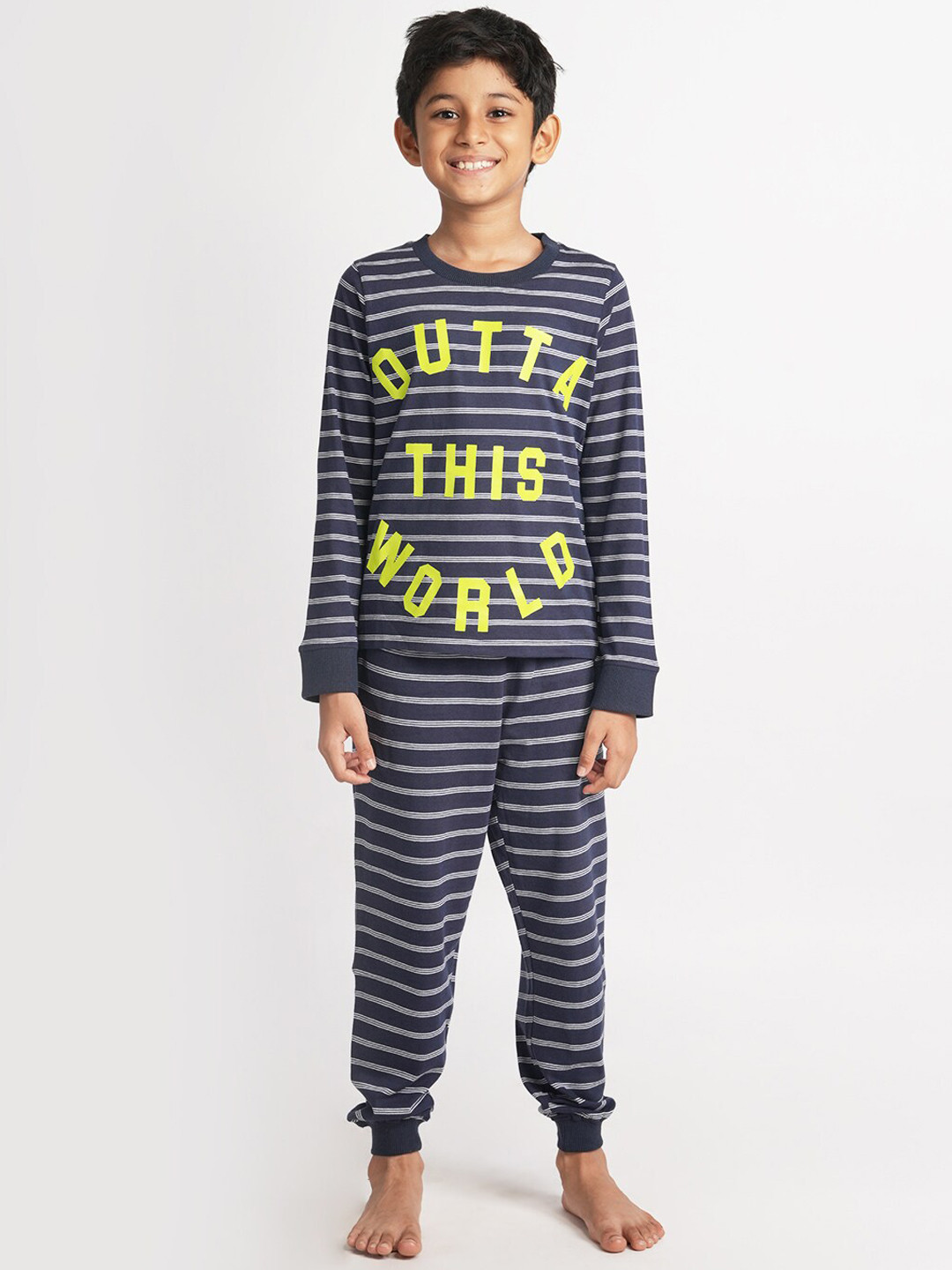 

mackly Boys Striped Pure Cotton T-shirt With Pyjamas, Navy blue