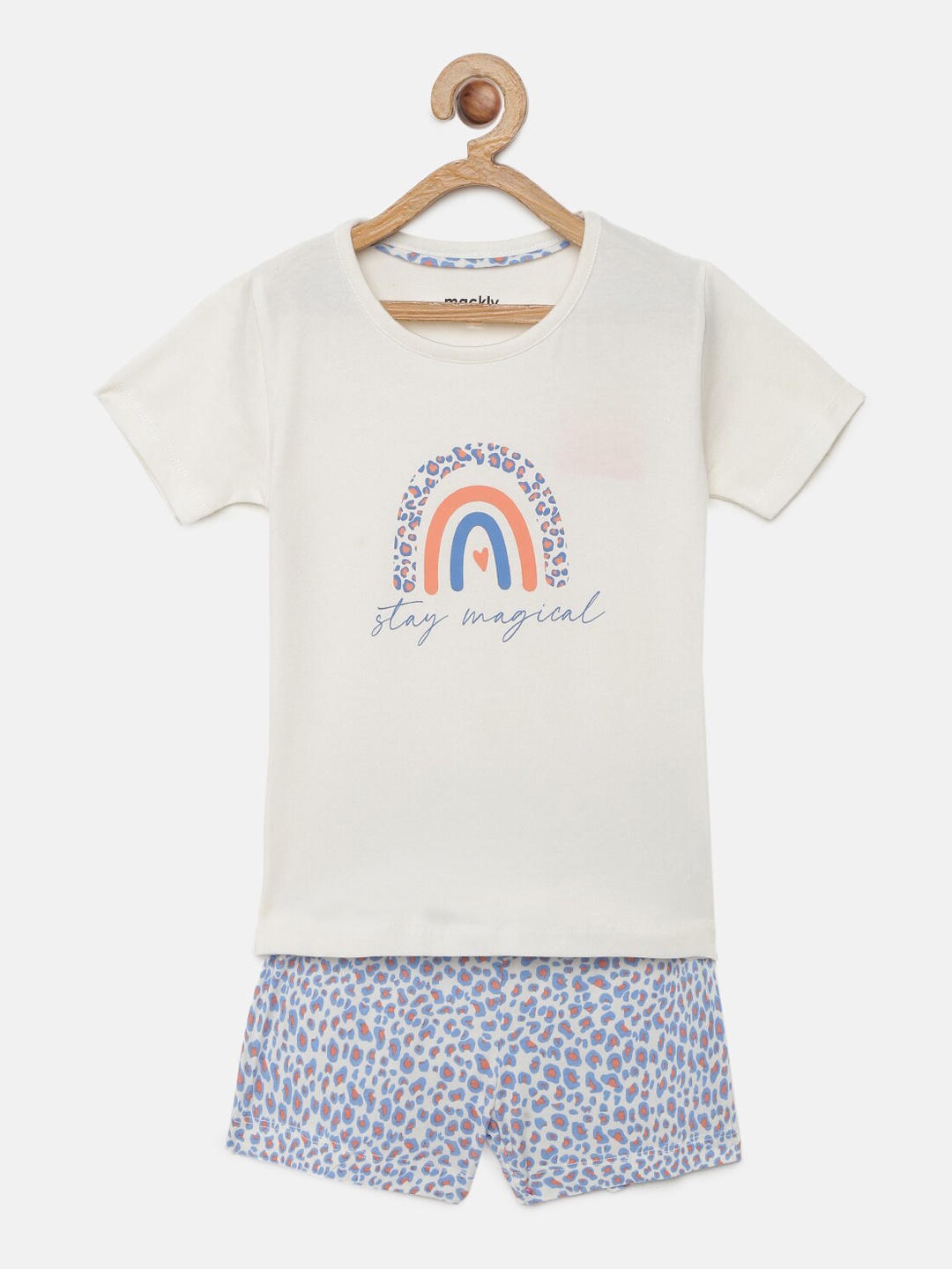 

mackly Girls Graphic Printed Round Neck T-shirt With Shorts, Off white