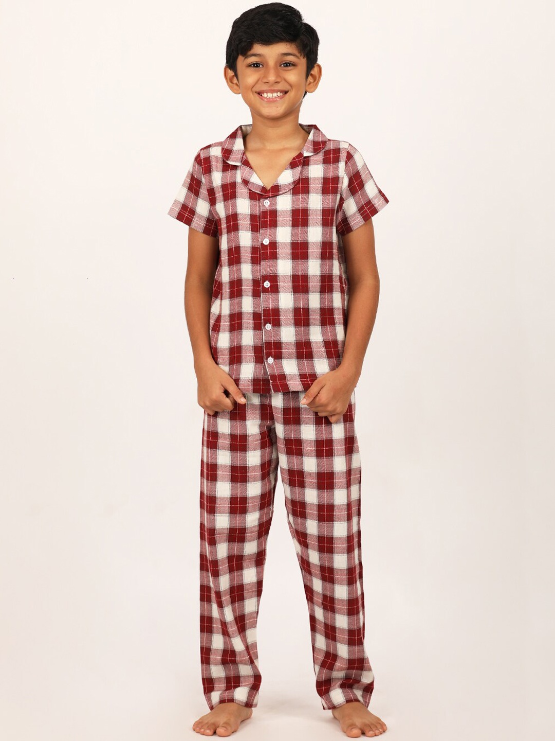 

mackly Boys Checked Pure Cotton Shirt With Pyjamas, Maroon