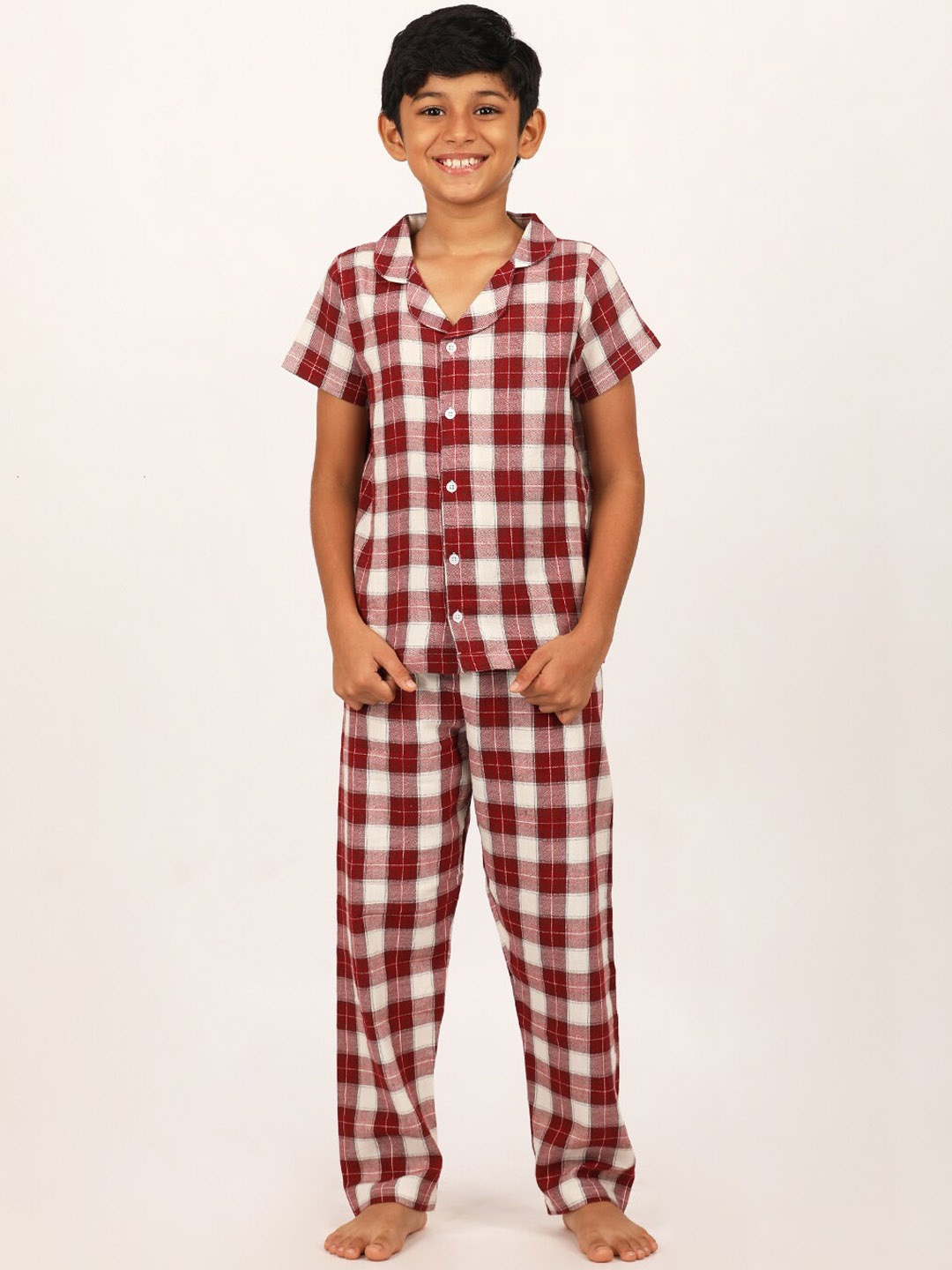 

mackly Boys Checked Pure Cotton Shirt With Pyjamas, Maroon