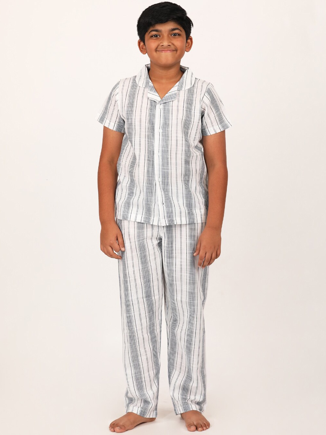 

mackly Boys Striped Lapel Collar Pure Cotton Shirt With Pyjamas, Off white