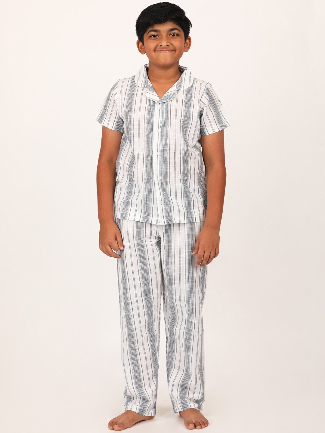 

mackly Boys Striped Lapel Collar Pure Cotton Shirt With Pyjamas, Off white