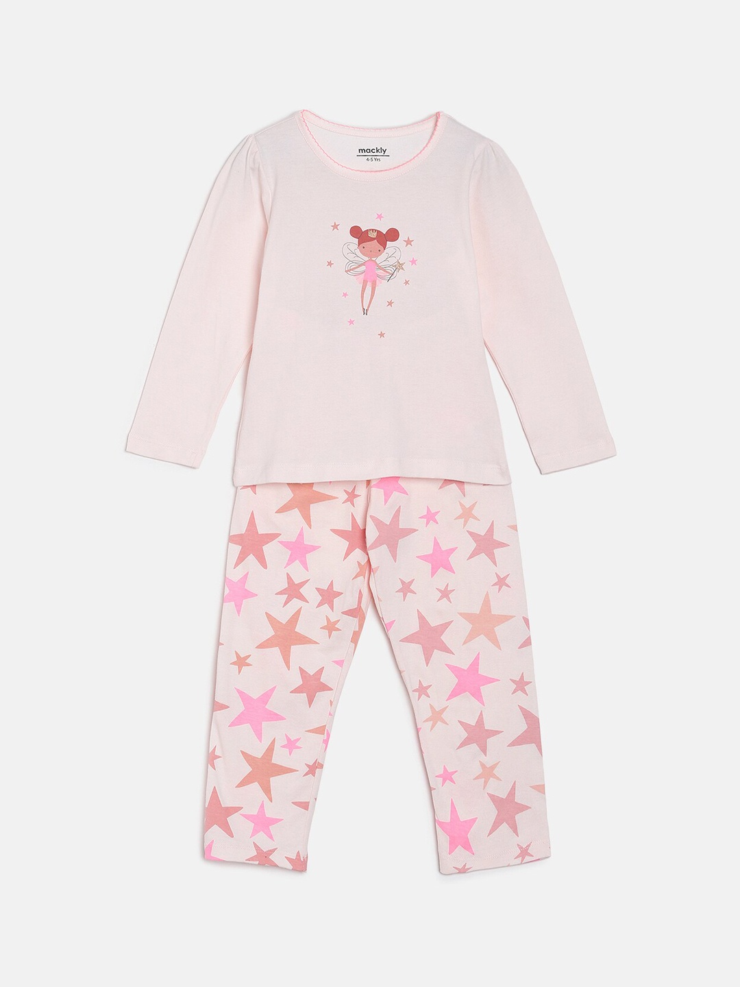 

mackly Girls Printed Long Sleeves Pure Cotton Night suit, Peach