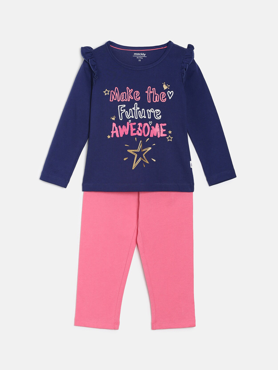 

mackly Girls Typography Printed Long Sleeves Pure Cotton Night suit, Blue