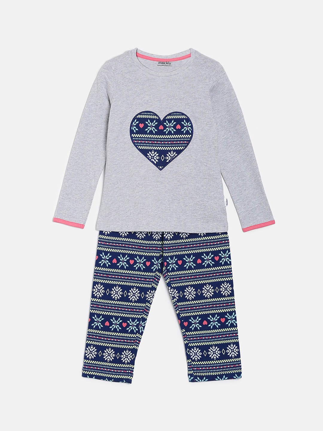 

mackly Girls Printed Long Sleeves Pure Cotton Night suit, Grey melange