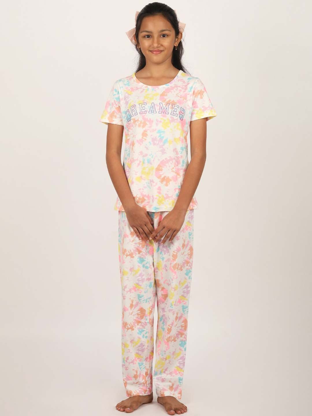 

mackly Girls Tie & Dye Pure Cotton Night suit, White
