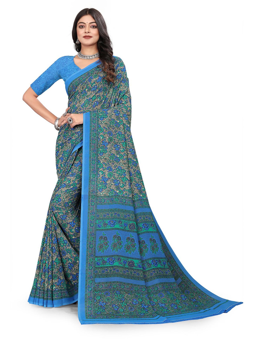 

VIMLA Ethnic Floral Printed Saree, Blue