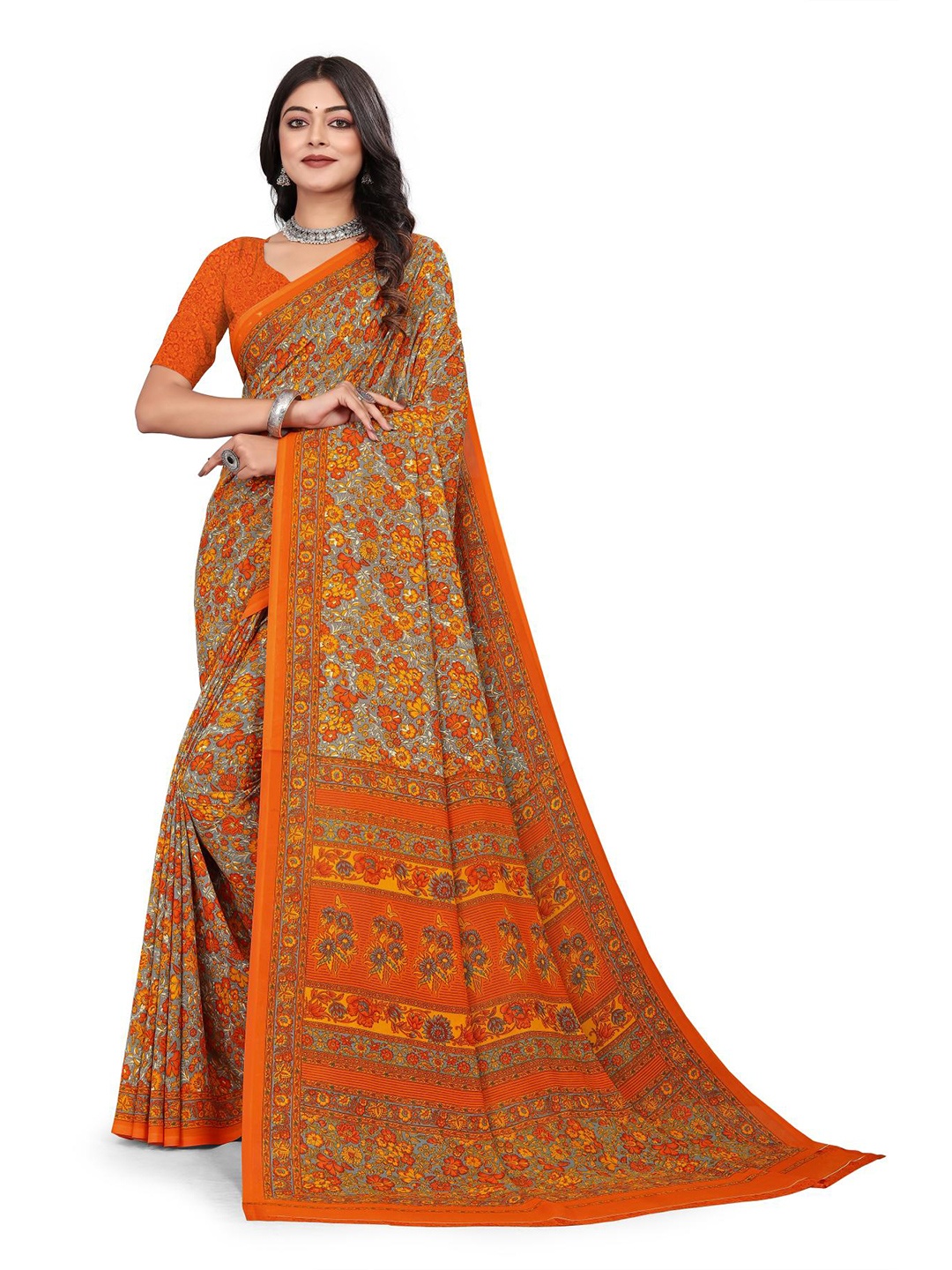 

VIMLA Ethnic Floral Printed Saree, Orange