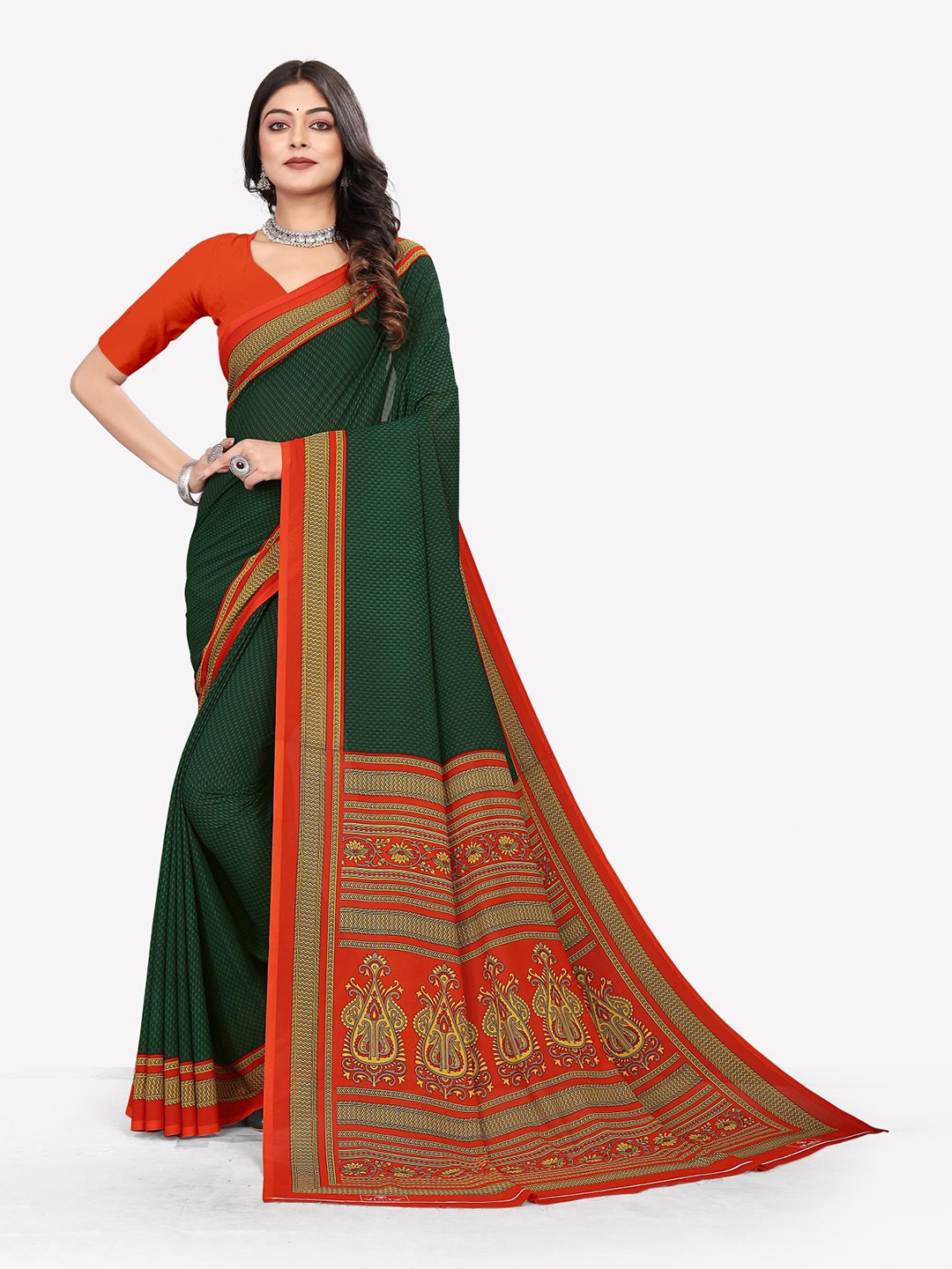 

VIMLA Ethnic Floral Printed Saree, Green