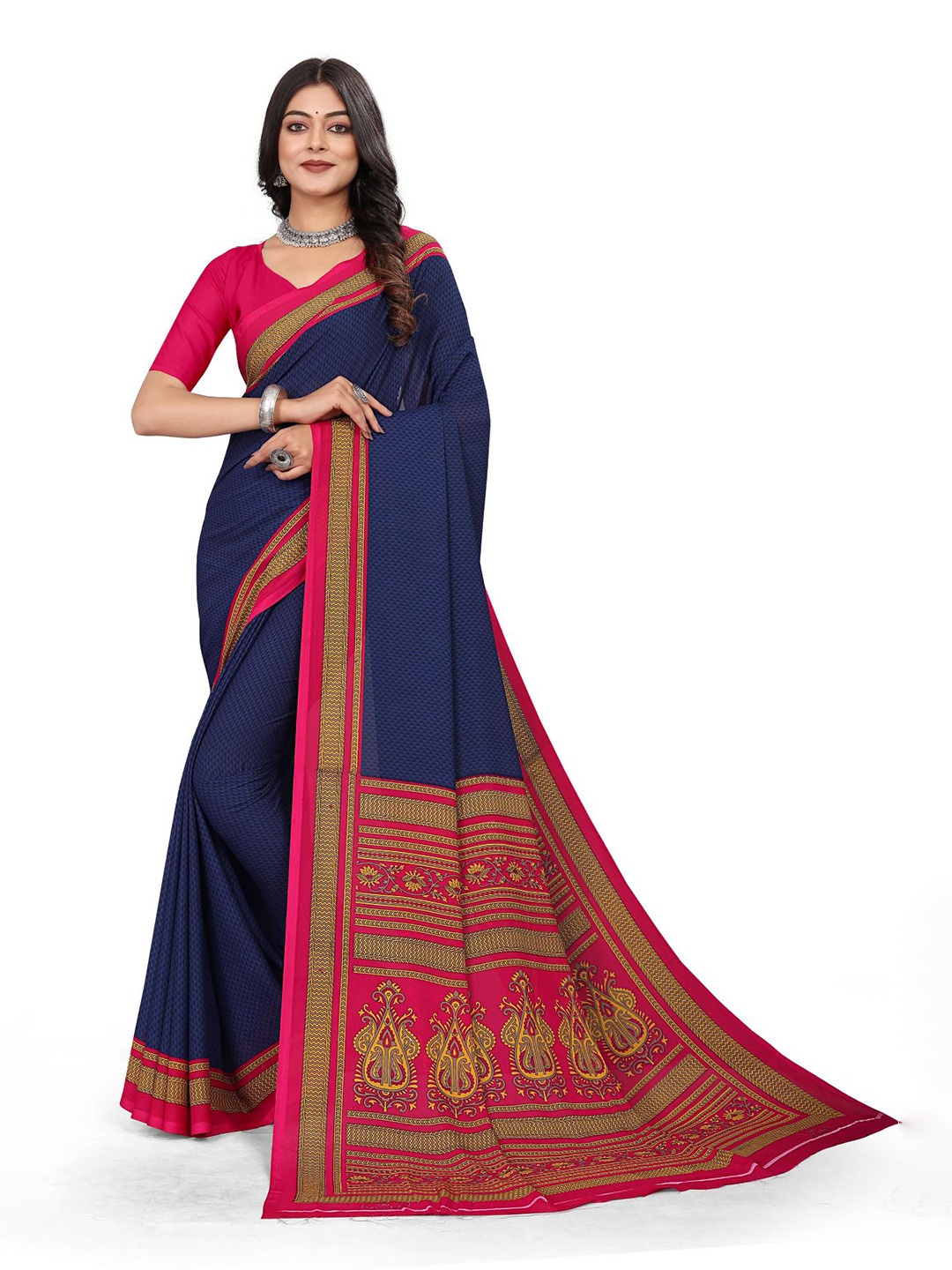 

VIMLA Ethnic Floral Printed Saree, Navy blue