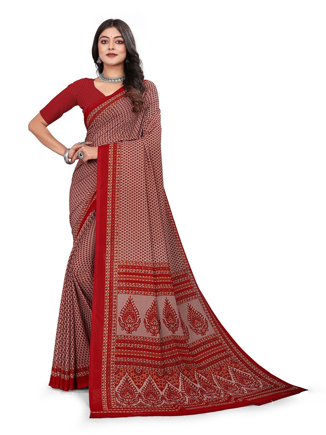 

VIMLA Ethnic Floral Printed Saree, Red