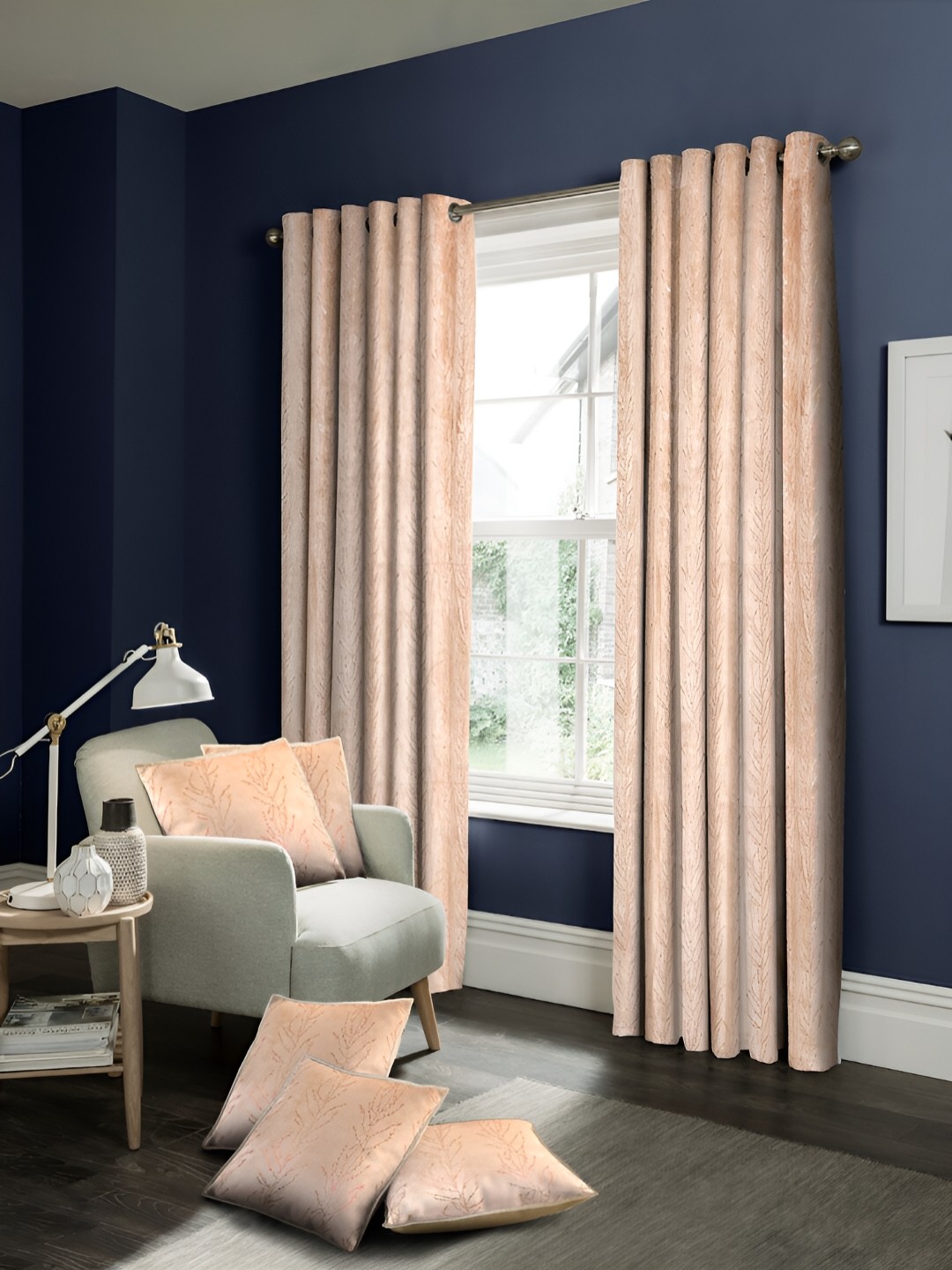 

Cortina Beige 7 Pcs Self Design Velvet Black Out Long Door Curtains & Cushion Covers