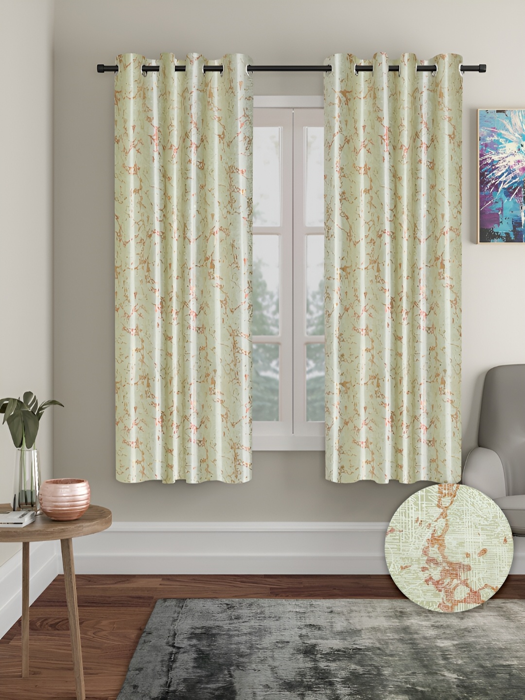 

Cortina Green & Gold Toned 7 Pieces Abstract Window Curtains & Cushion Covers