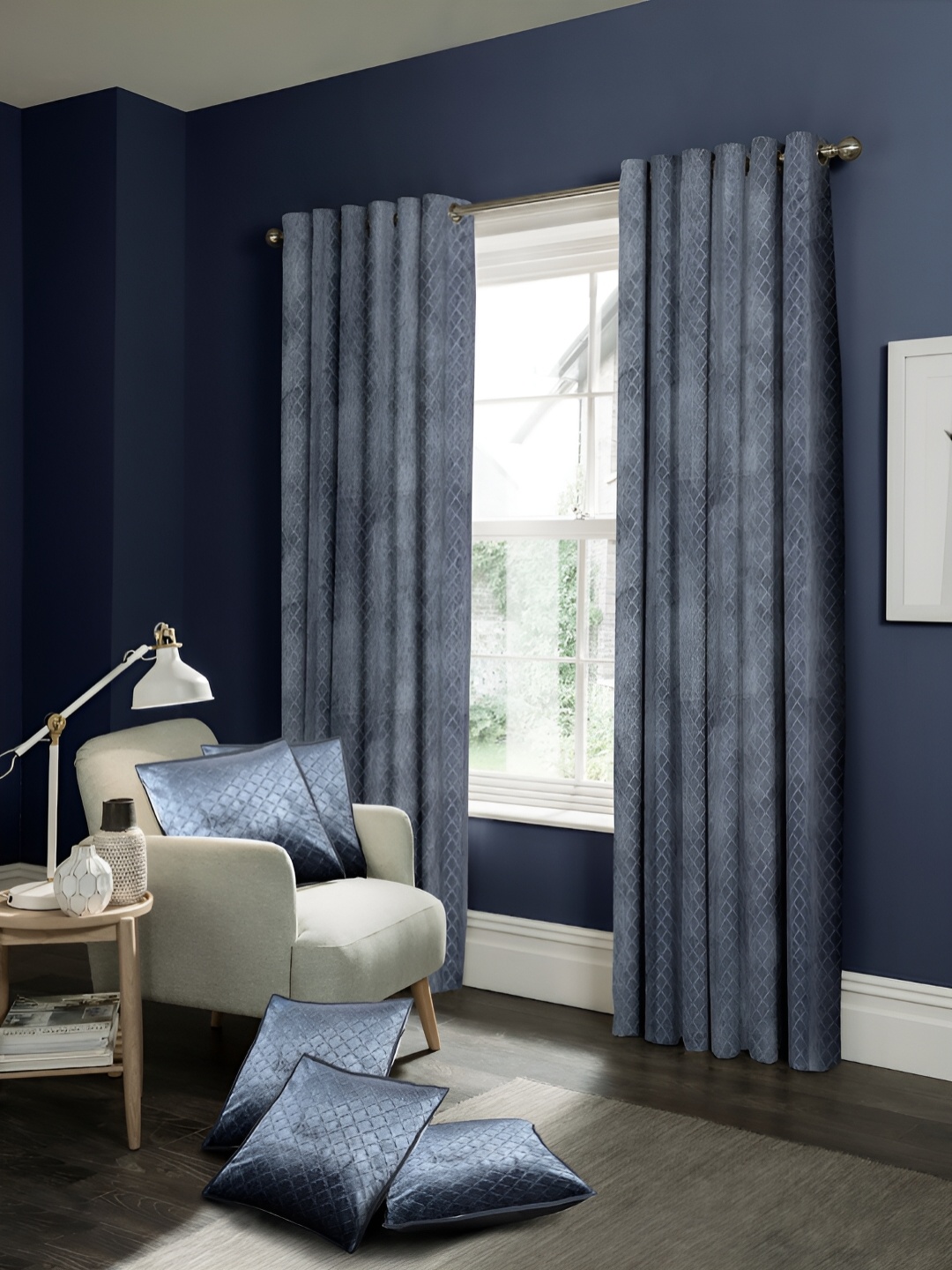 

Cortina Grey 7 Pieces Self Design Velvet Black Out Long Door Curtains & Cushion Covers