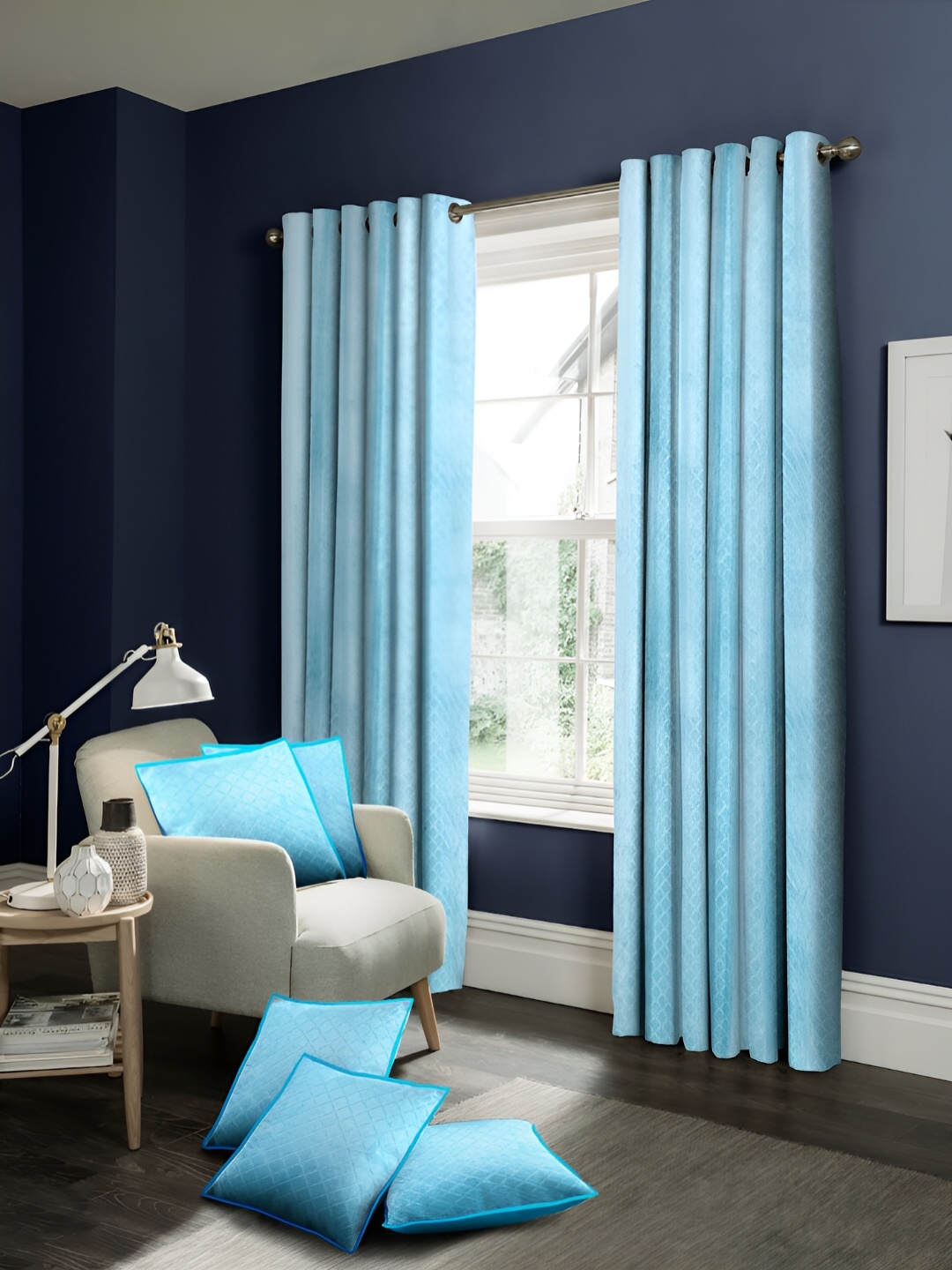 

Cortina Blue 7 Pieces Self Design Black Out Door Curtains & Cushion Covers