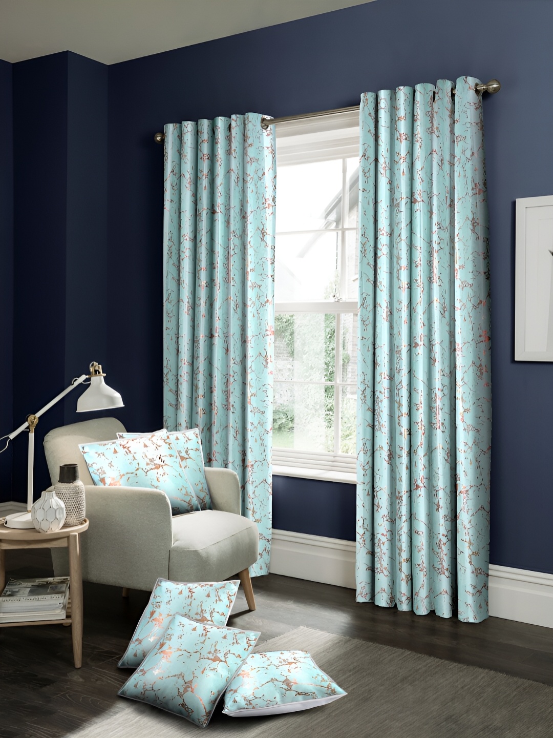 

Cortina Blue & Red 7 Pieces Abstract Regular Long Door Curtains & Cushion Covers