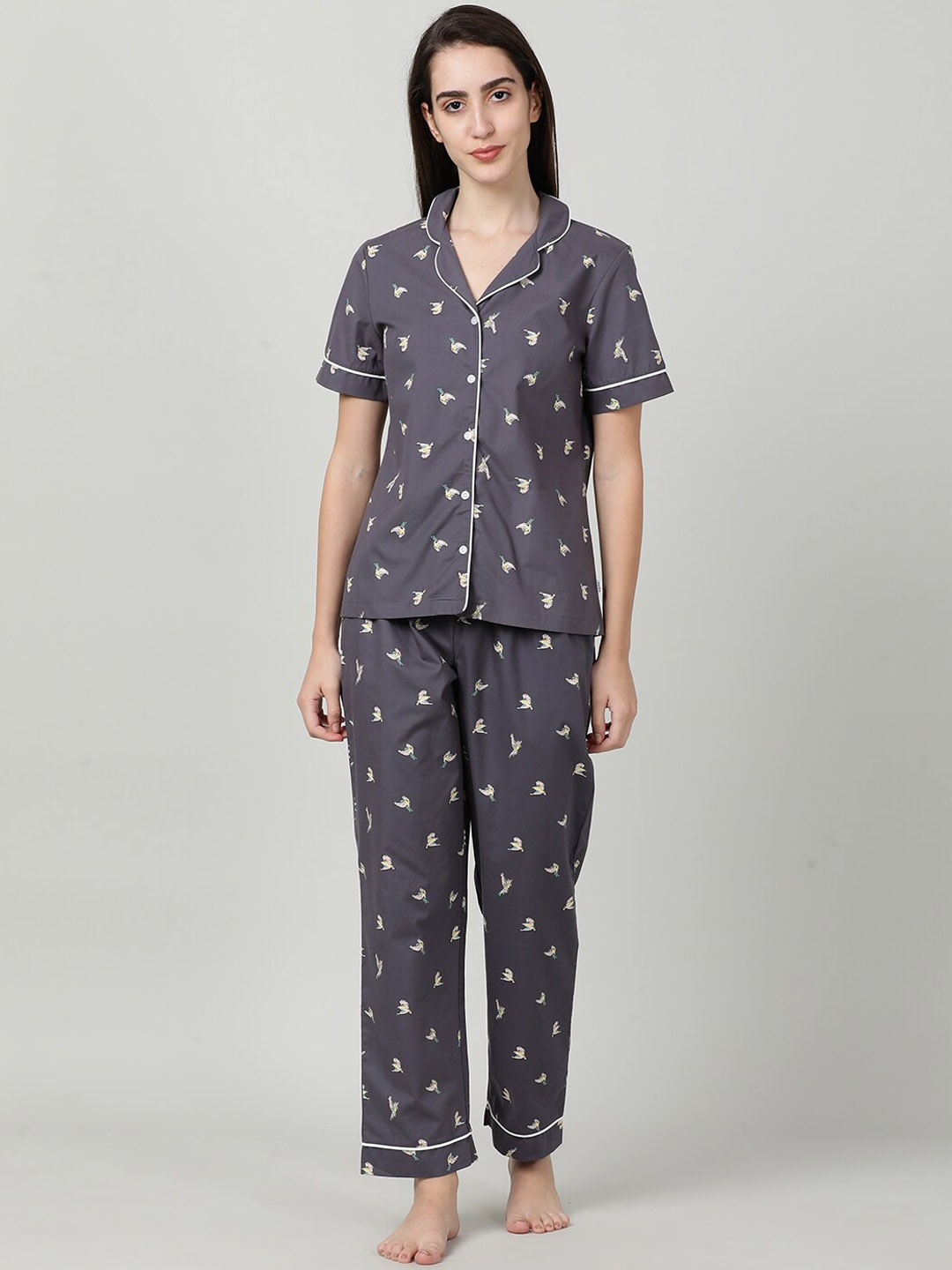 

mackly Conversational Printed Pure Cotton Shirt With Pyjamas, Grey
