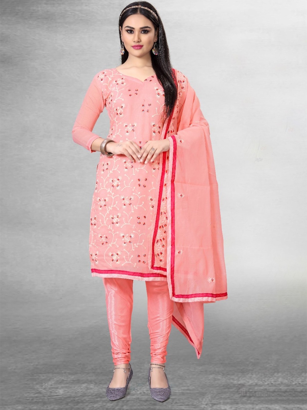 

LeeliPeeri Designer Floral Embroidered Unstitched Dress Material, Pink
